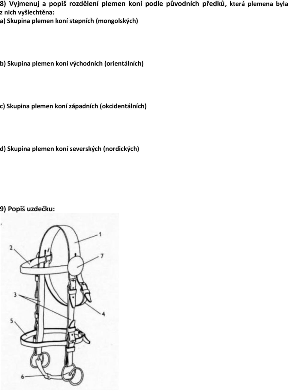 b) Skupina plemen koní východních (orientálních) c) Skupina plemen koní