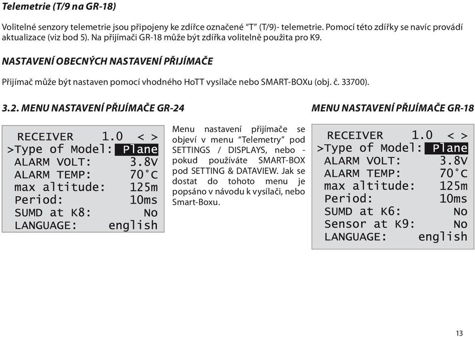 NASTAVENÍ OBECNÝCH NASTAVENÍ PŘIJÍMAČE Přijímač může být nastaven pomocí vhodného HoTT vysílače nebo SMART-BOXu (obj. č. 33700). 3.2.