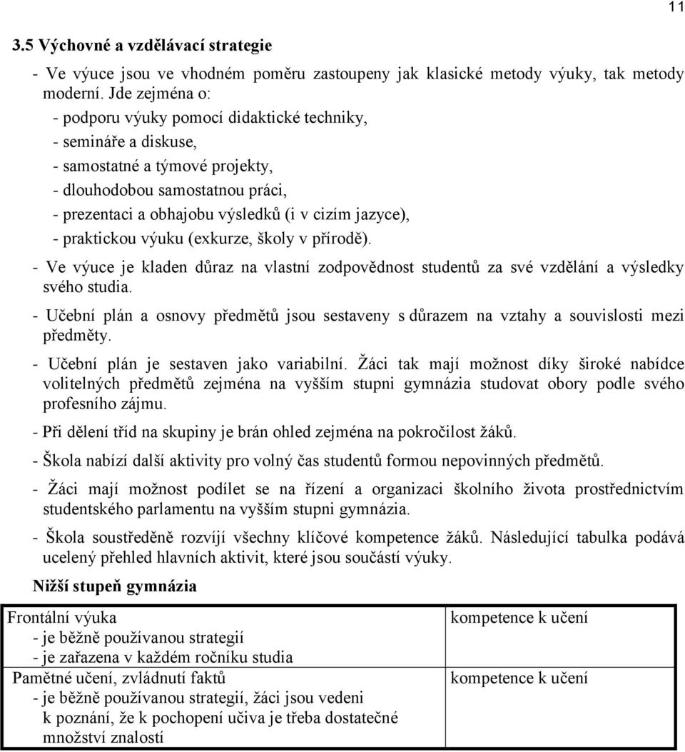 - praktickou výuku (exkurze, školy v přírodě). - Ve výuce je kladen důraz na vlastní zodpovědnost studentů za své vzdělání a výsledky svého studia.