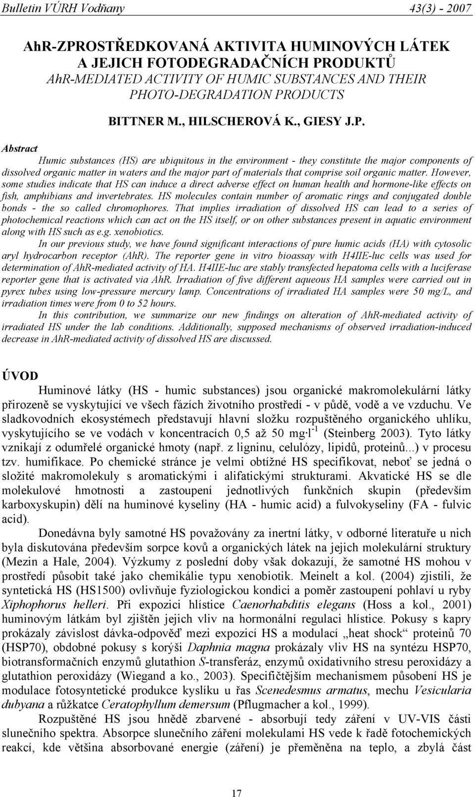 ODUKTŮ AhR-MEDIATED ACTIVITY OF HUMIC SUBSTANCES AND THEIR PH