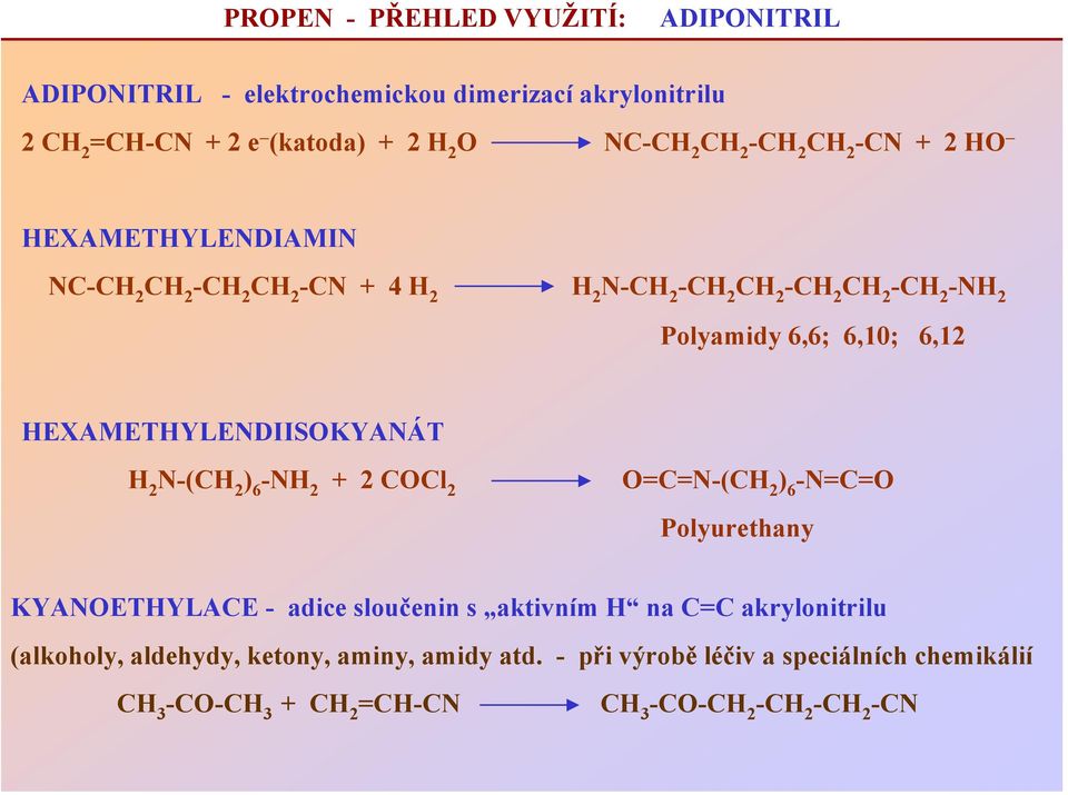 HEXAMETHYLENDIISKYANÁT H 2 N-( ) 6 -NH 2 + 2 CCl 2 =C=N-( ) 6 -N=C= Polyurethany KYANETHYLACE - adice sloučenin s