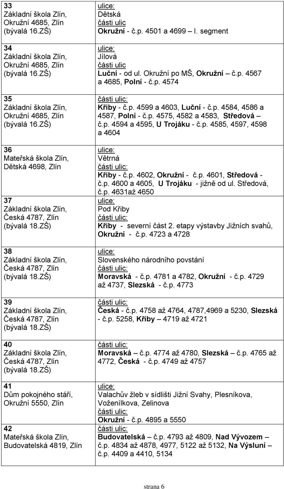 Okružní po MŠ, Okružní č.p. 4567 a 4685, Polní - č.p. 4574 Křiby - č.p. 4599 a 4603, Luční - č.p. 4584, 4586 a 4587, Polní - č.p. 4575, 4582 a 4583, Středová č.p. 4594 a 4595, U Trojáku - č.p. 4585, 4597, 4598 a 4604 Větrná Křiby - č.