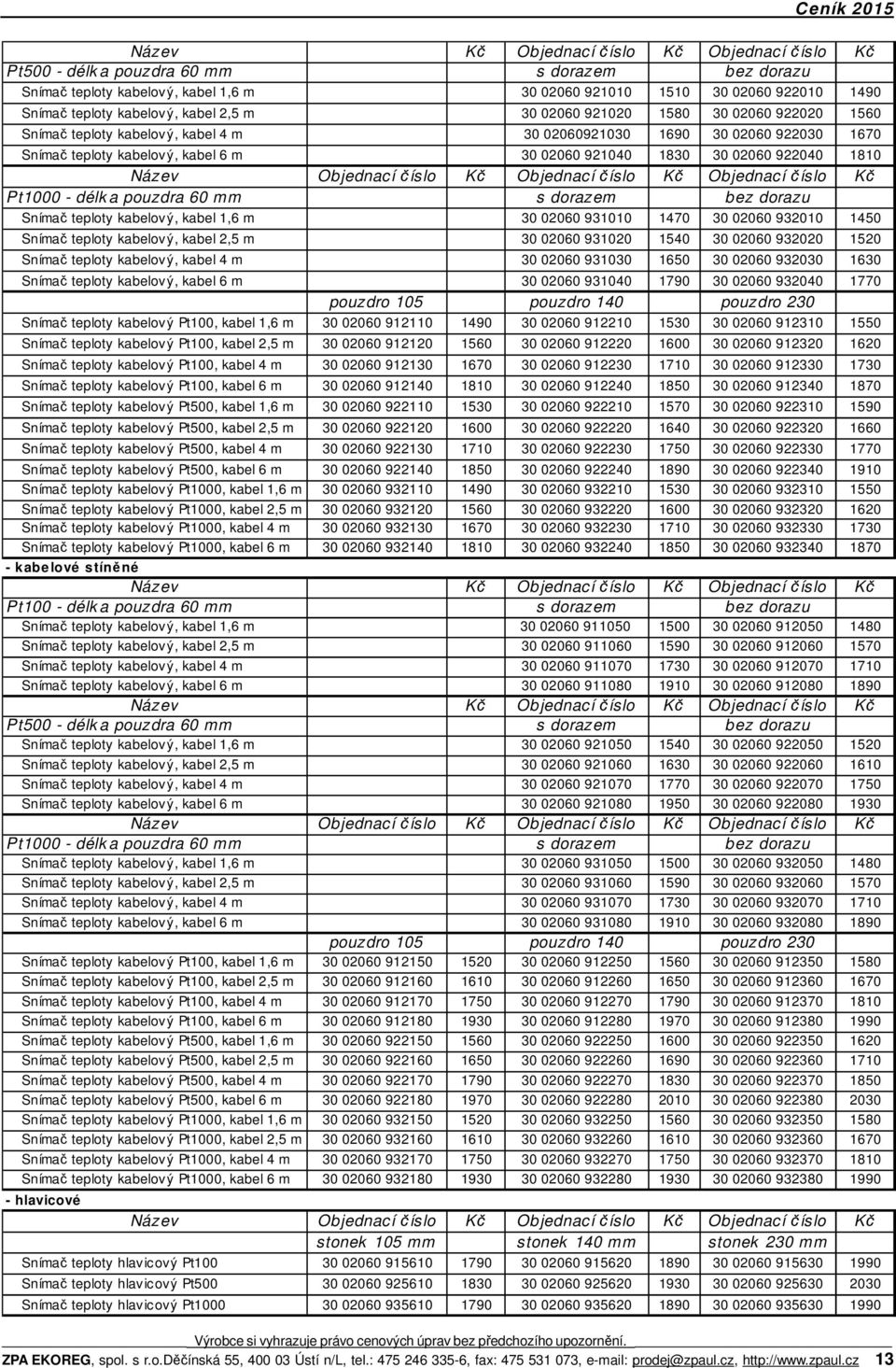 922040 1810 Pt1000 - délka pouzdra 60 mm s dorazem bez dorazu Snímač teploty kabelový, kabel 1,6 m 30 02060 931010 1470 30 02060 932010 1450 Snímač teploty kabelový, kabel 2,5 m 30 02060 931020 1540