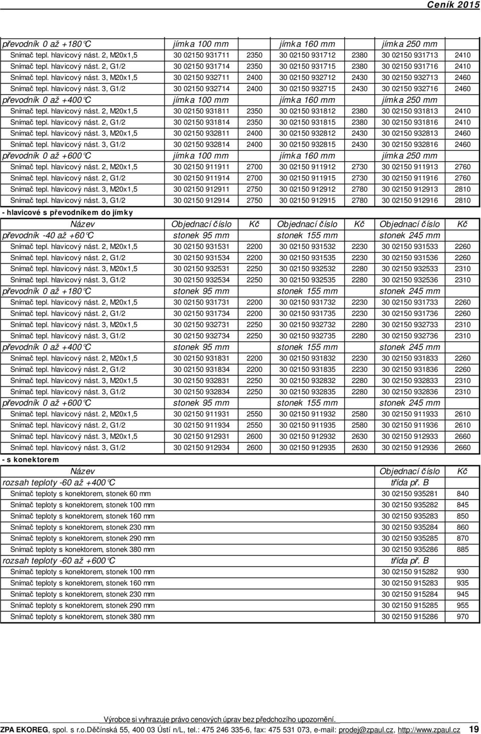 3, G1/2 30 02150 932714 2400 30 02150 932715 2430 30 02150 932716 2460 převodník 0 až +400 C jímka 100 mm jímka 160 mm jímka 250 mm Snímač tepl. hlavicový nást.