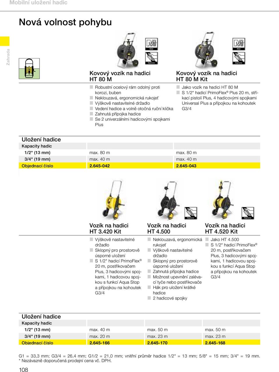 pistolí Plus, 4 hadicovými mi Universal Plus a přípojkou na kohoutek G3/4 Uložení hadice Kapacity hadic 1/2" (13 mm) max. 80 m max. 80 m 3/4" (19 mm) max. 40 m max. 40 m Objednací číslo 2.645-042 2.