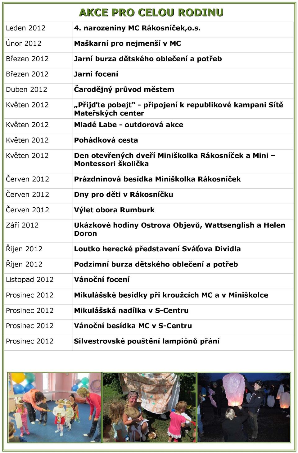 Únor 2012 Maškarní pro nejmenší v MC Březen 2012 Jarní burza dětského oblečení a potřeb Březen 2012 Jarní focení Duben 2012 Čarodějný průvod městem Květen 2012 Přijďte pobejt - připojení k