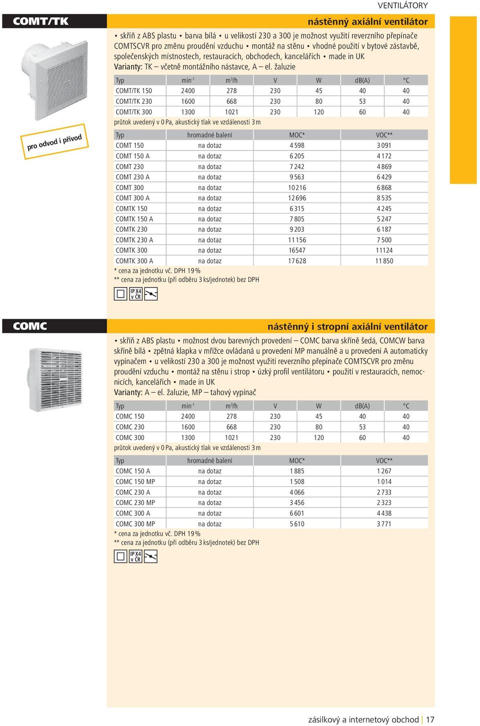 žaluzie Typ min -1 m 3 /h V W db(a) C COMT/TK 150 2400 278 230 45 40 40 COMT/TK 230 1600 668 230 80 53 40 COMT/TK 300 1300 1021 230 120 60 40 průtok uvedený v 0 Pa, akustický tlak ve vzdálenosti 3 m