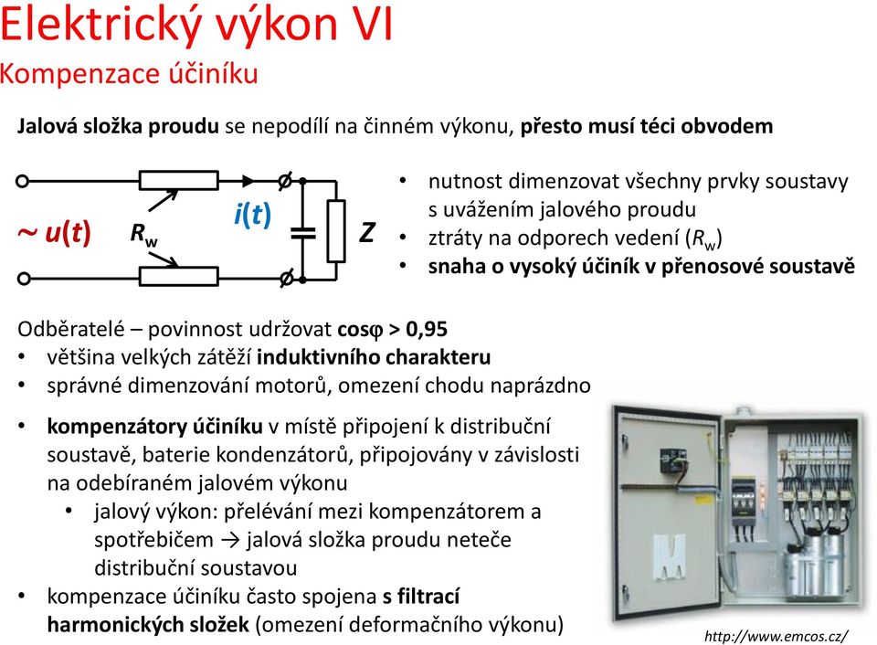 motorů, omezení chodu naprázdno kompenzátory účiníku v místě připojení k distribuční soustavě, baterie kondenzátorů, připojovány v závislosti na odebíraném jalovém výkonu jalový výkon: