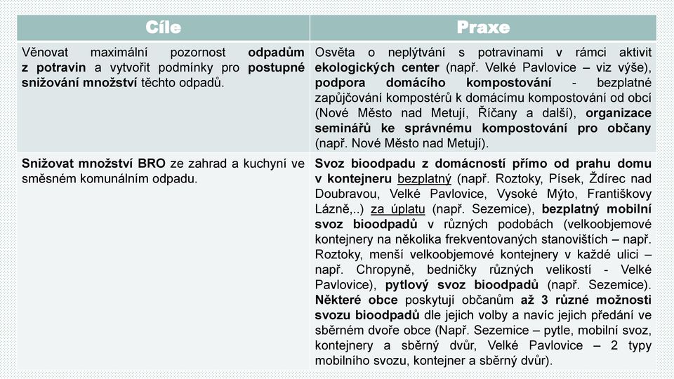 Velké Pavlovice viz výše), podpora domácího kompostování - bezplatné zapůjčování kompostérů k domácímu kompostování od obcí (Nové Město nad Metují, Říčany a další), organizace seminářů ke správnému