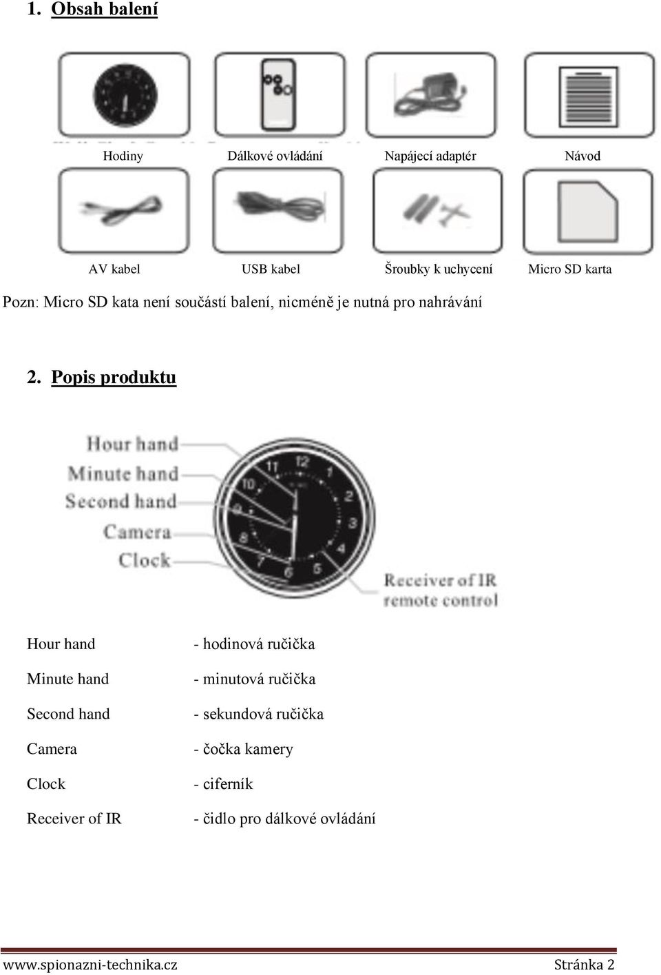 Popis produktu Hour hand Minute hand Second hand Camera Clock Receiver of IR - hodinová ručička -