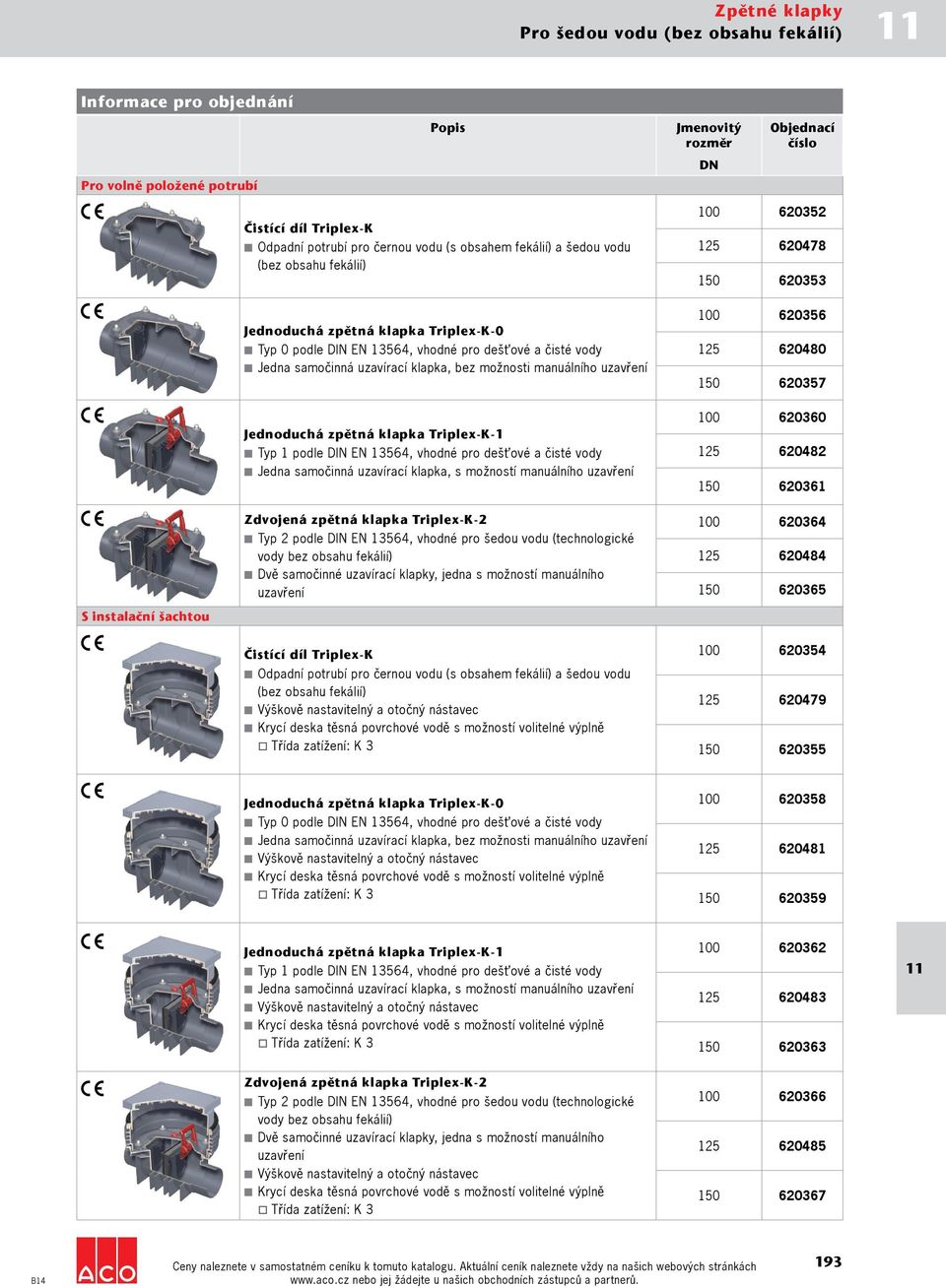 vhodné pro dešťové a čisté vody Jedna samočinná uzavírací klapka, bez možnosti manuálního uzavření 100 620356 125 620480 150 620357 Jednoduchá zpětná klapka Triplex-K-1 Typ 1 podle IN EN 13564,