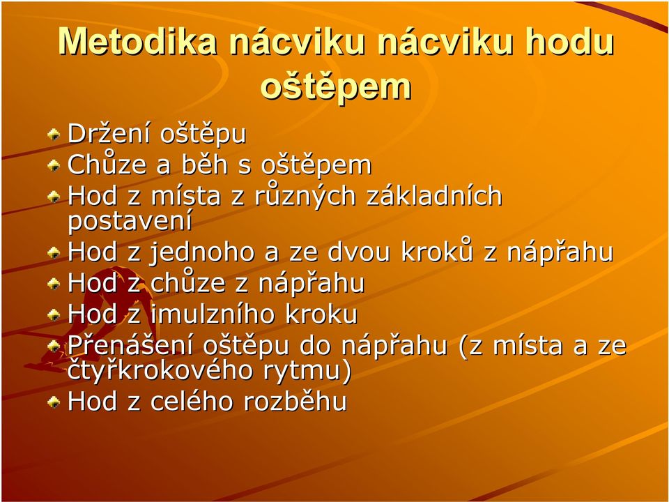 dvou kroků z nápřahun Hod z chůze z nápřahu Hod z imulzního kroku Přenášení