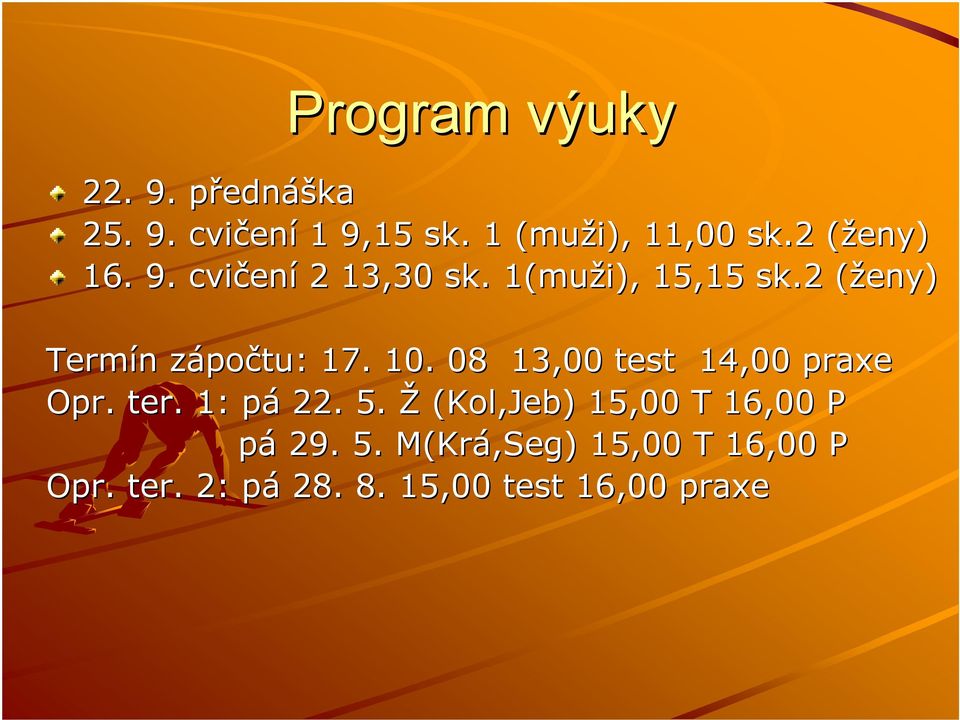 2 (ženy)( Termín n zápoz počtu: 17. 10. 08 13,00 test 14,00 praxe Opr. ter.. 1: pá 22. 5.