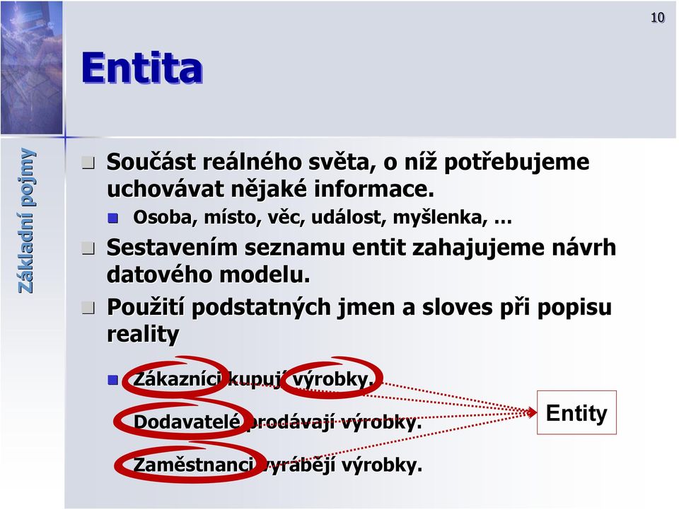 Osoba, místo, m věc, v událost, myšlenka, Sestavením m seznamu entit zahajujeme návrh n