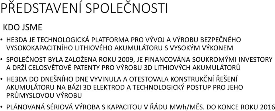 PATENTY PRO VÝROBU 3D LITHIOVÝCH AKUMULÁTORŮ HE3DA DO DNEŠNÍHO DNE VYVINULA A OTESTOVALA KONSTRUKČNÍ ŘEŠENÍ AKUMULÁTORU NA