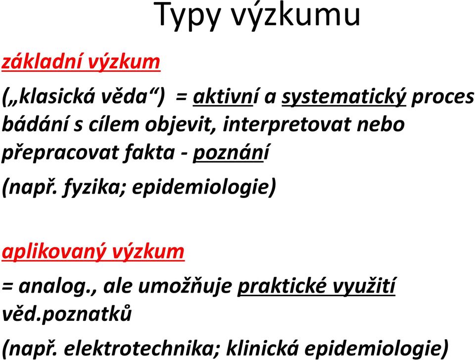 poznání (např. fyzika; epidemiologie) aplikovaný výzkum = analog.