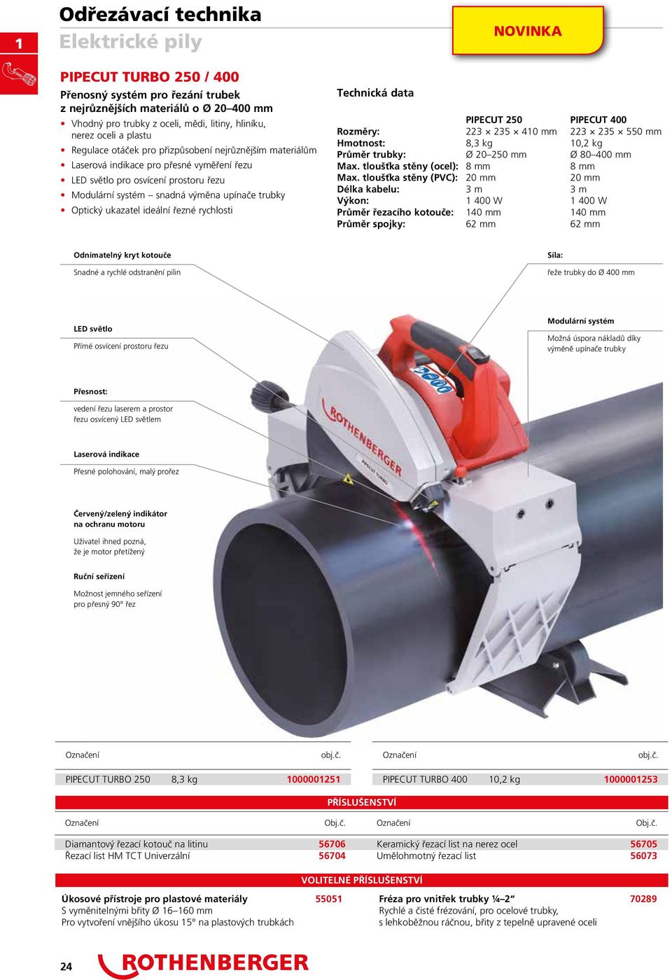 ukazatel ideální řezné rychlosti Technická data NOVINKA PIPECUT 20 PIPECUT 400 Rozměry: 223 23 410 mm 223 23 0 mm Hmotnost: 8,3 kg 10,2 kg Průměr trubky: Ø 20 20 mm Ø 80 400 mm Max.