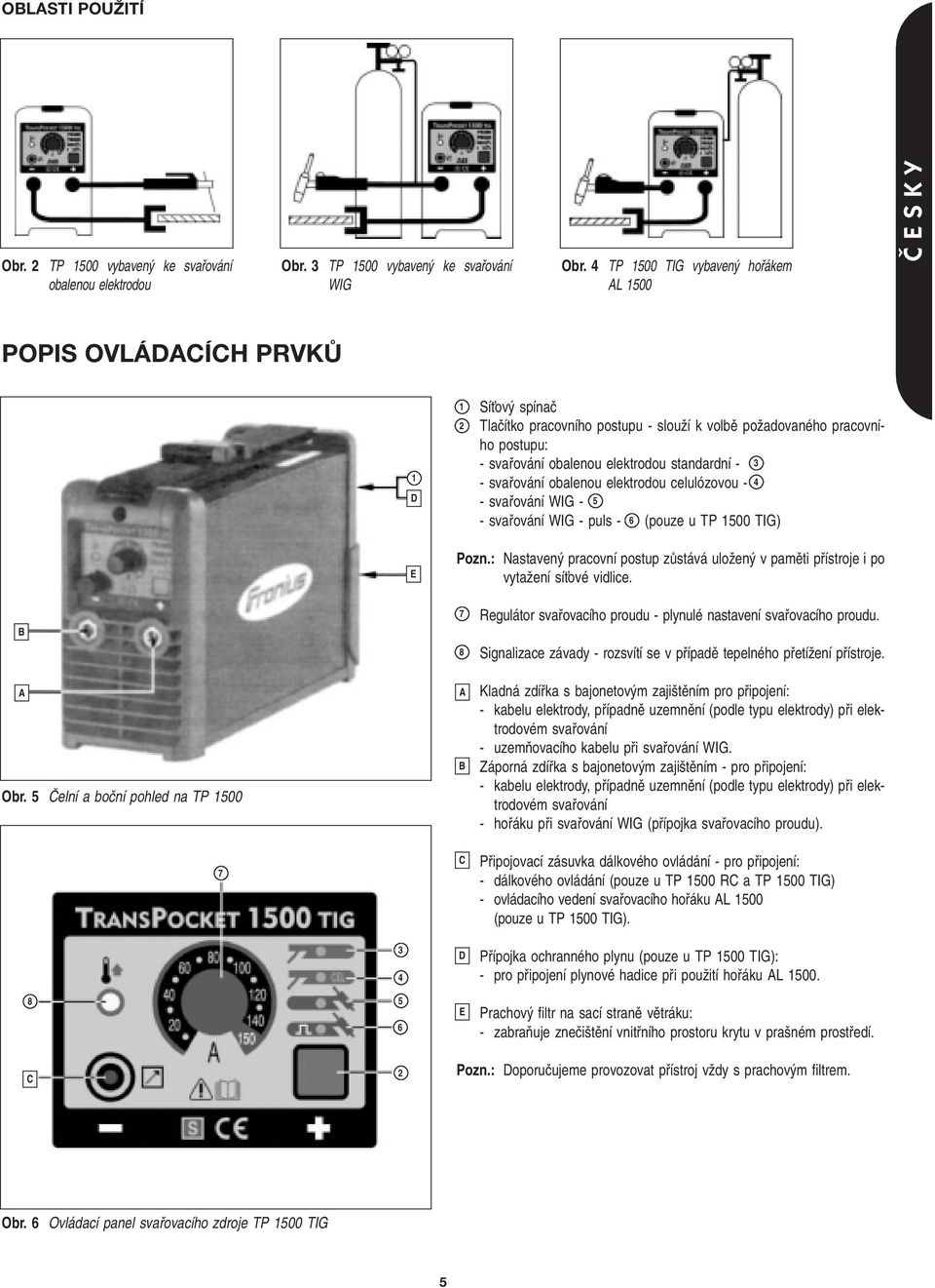 standardní - 3 - svafiování obalenou elektrodou celulózovou - 4 - svafiování WIG - 5 - svafiování WIG - puls - 6 (pouze u TP 1500 TIG) E Pozn.