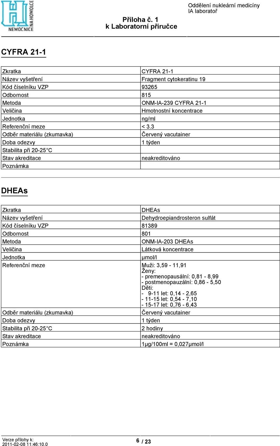 3 1 týden DHEAs DHEAs Dehydroepiandrosteron sulfát Kód číselníku VZP 81389 Odbornost 801 ONM-IA-203 DHEAs