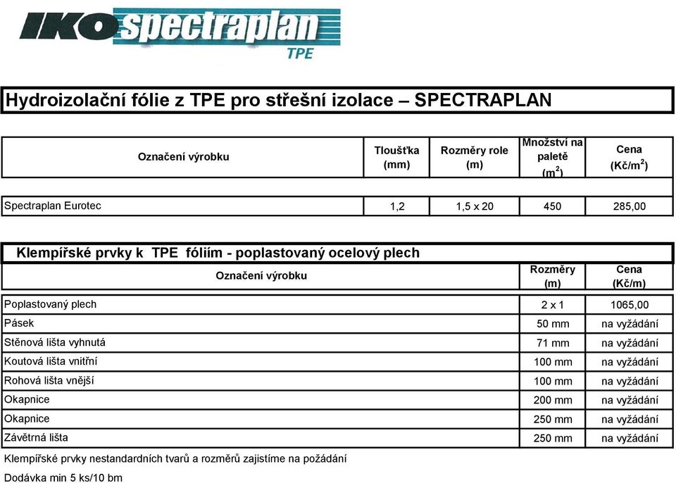 Okapnice Závětrná lišta Klempířské prvky nestandardních tvarů a rozměrů zajistíme na požádání Dodávka min 5 ks/10 bm (Kč/m) 2 x 1