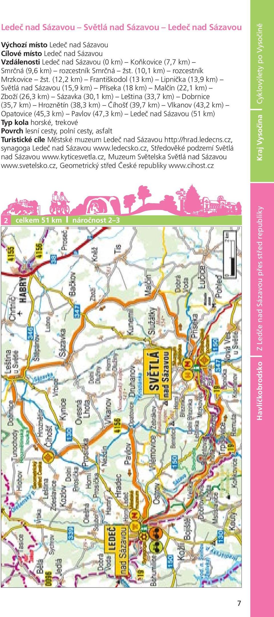 km) Leština (33,7 km) Dobrnice (35,7 km) Hroznětín (38,3 km) Číhošť (39,7 km) Vlkanov (43,2 km) Opatovice (45,3 km) Pavlov (47,3 km) Ledeč nad Sázavou (51 km) Typ kola horské, trekové Povrch lesní