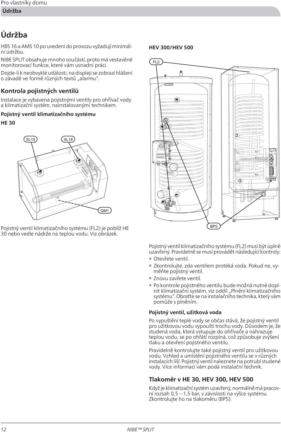 HEV 300/HEV 500 Kontrola pojistných ventilů Instalace je vybavena pojistnými ventily pro ohřívač vody a klimatizační systém, nainstalovanými technikem.