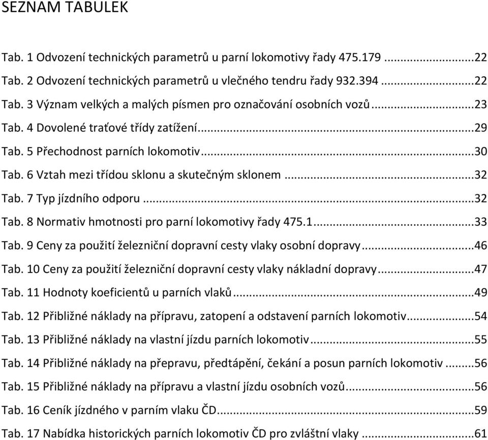 7 Typ jízdního odporu... 32 Tab. 8 Normativ hmotnosti pro parní lokomotivy řady 475.1... 33 Tab. 9 Ceny za použití železniční dopravní cesty vlaky osobní dopravy... 46 Tab.