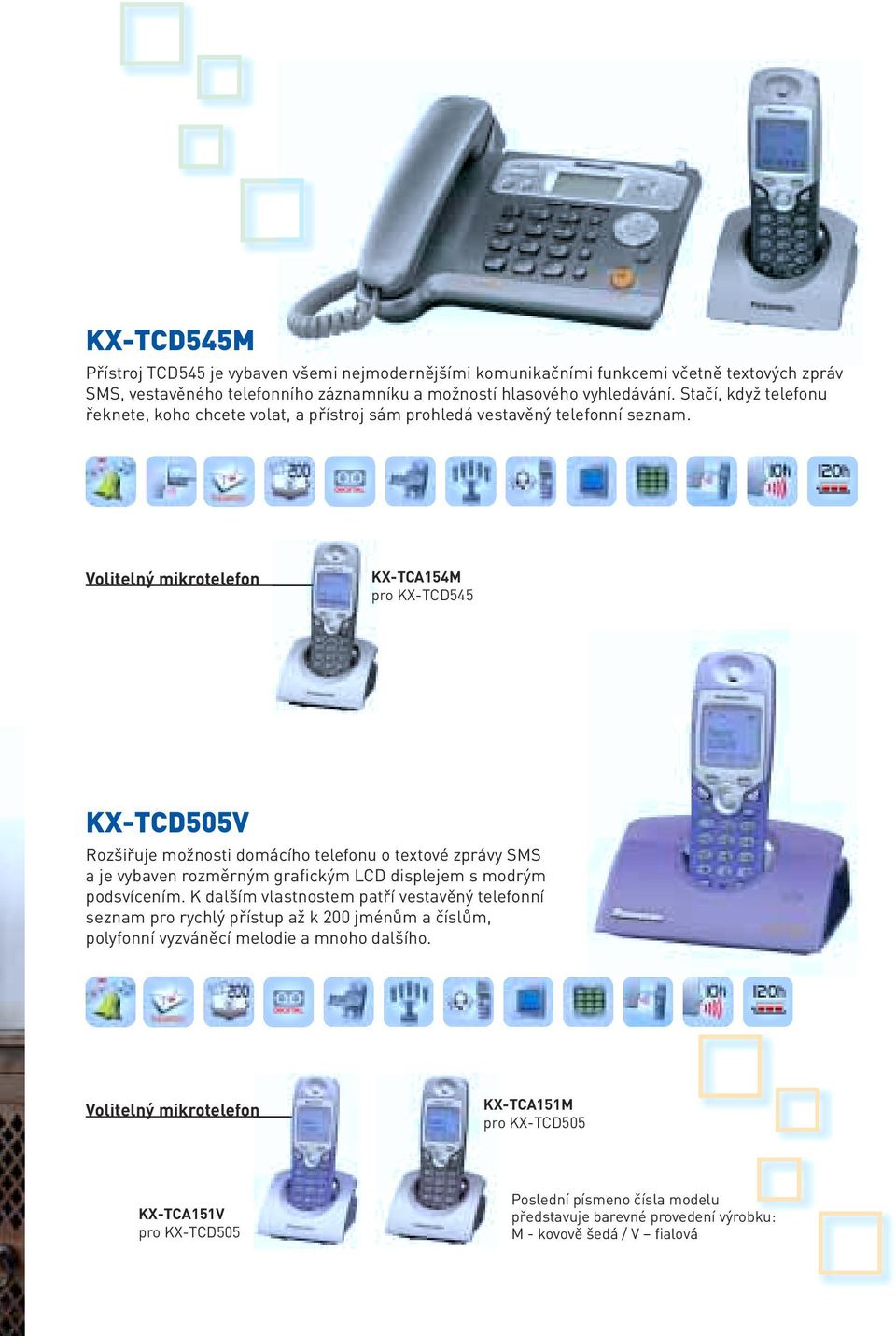 Volitelný mikrotelefon KX-TCA154M pro KX-TCD545 KX-TCD505V Rozšiřuje možnosti domácího telefonu o textové zprávy SMS a je vybaven rozměrným grafickým LCD displejem s modrým podsvícením.