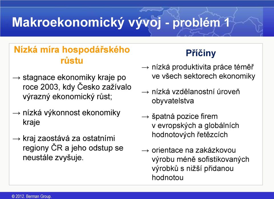 Příčiny nízká produktivita práce téměř ve všech sektorech ekonomiky nízká vzdělanostní úroveň obyvatelstva špatná pozice firem v