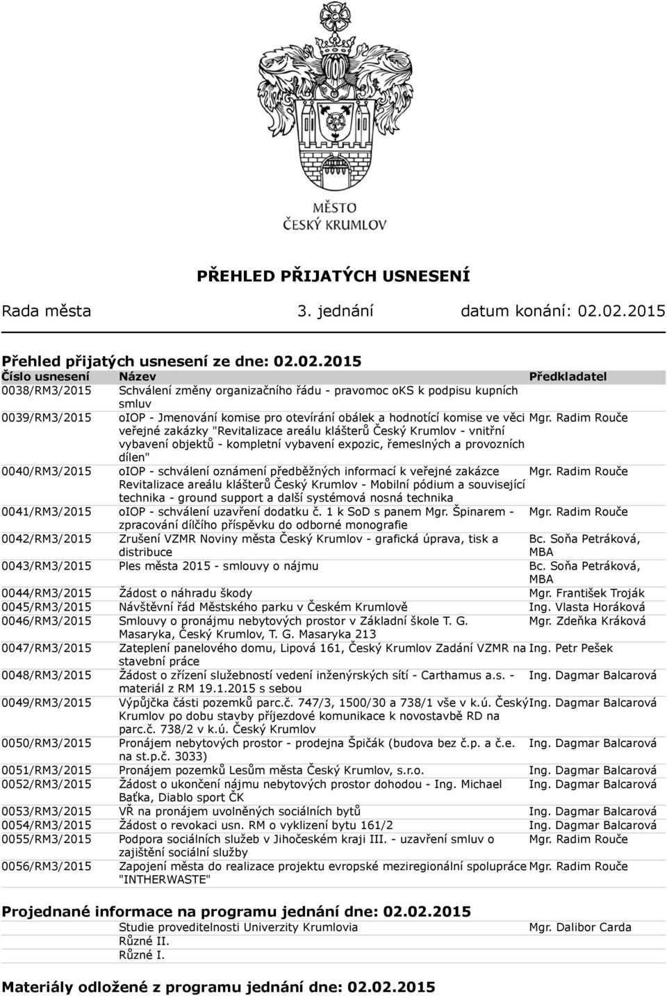 Jmenování komise pro otevírání obálek a hodnotící komise ve věci Mgr.