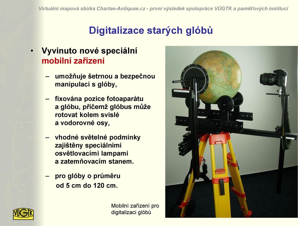 svislé a vodorovné osy, vhodné světelné podmínky zajištěny speciálními osvětlovacími lampami a