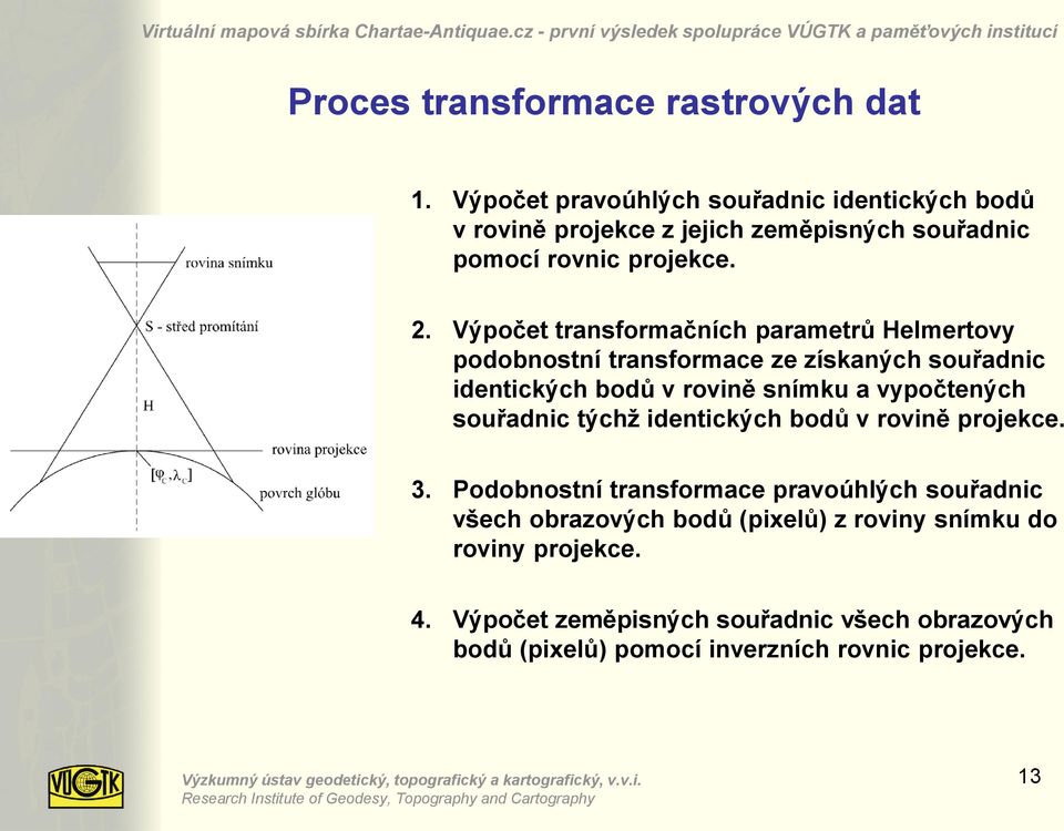 v rovině projekce. 3. Podobnostní transformace pravoúhlých souřadnic všech obrazových bodů (pixelů) z roviny snímku do roviny projekce. 4.