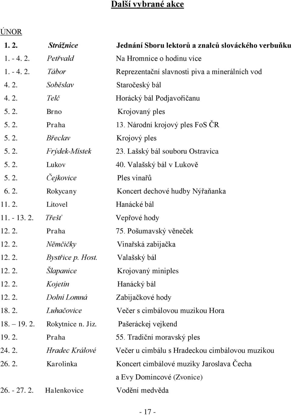 Lašský bál souboru Ostravica 5. 2. Lukov 40. Valašský bál v Lukově 5. 2. Čejkovice Ples vinařů 6. 2. Rokycany Koncert dechové hudby Nýřaňanka 11. 2. Litovel Hanácké bál 11. - 13. 2. Třešť Vepřové hody 12.