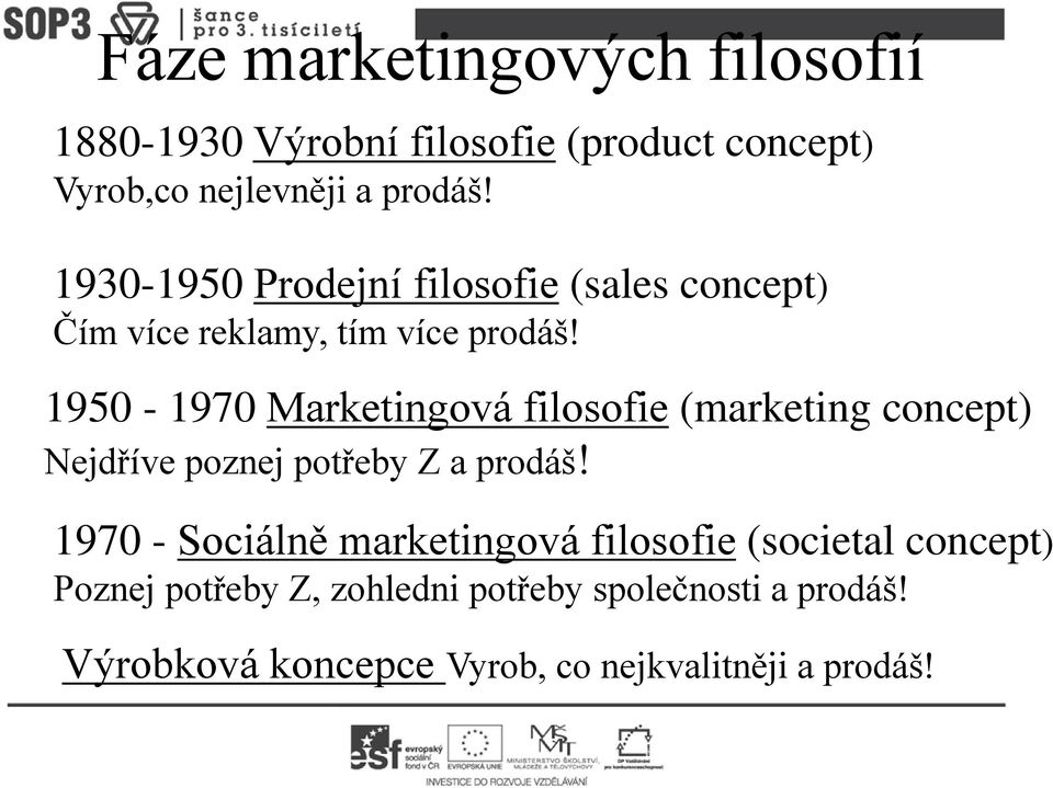 1950-1970 Marketingová filosofie (marketing concept) Nejdříve poznej potřeby Z a prodáš!