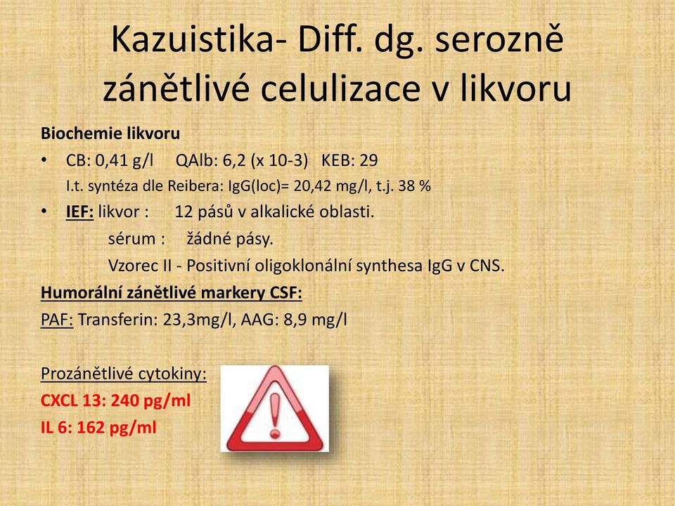 j. 38 % IEF: likvor : 12 pásů v alkalické oblasti. sérum : žádné pásy.