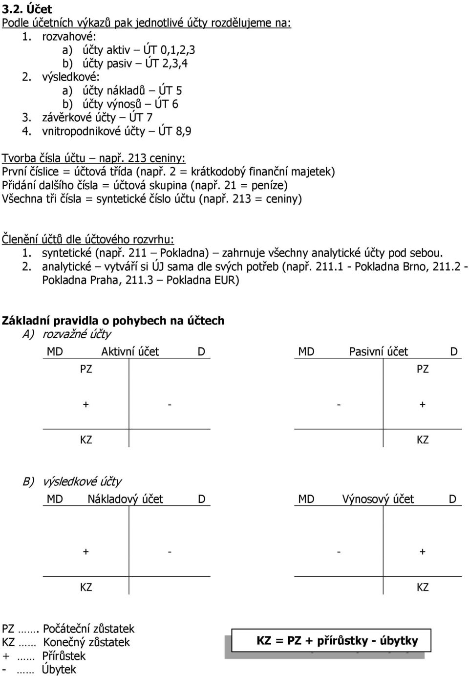 2 = krátkodobý finanční majetek) Přidání dalšího čísla = účtová skupina (např. 21 = peníze) Všechna tři čísla = syntetické číslo účtu (např. 213 = ceniny) Členění účtů dle účtového rozvrhu: 1.