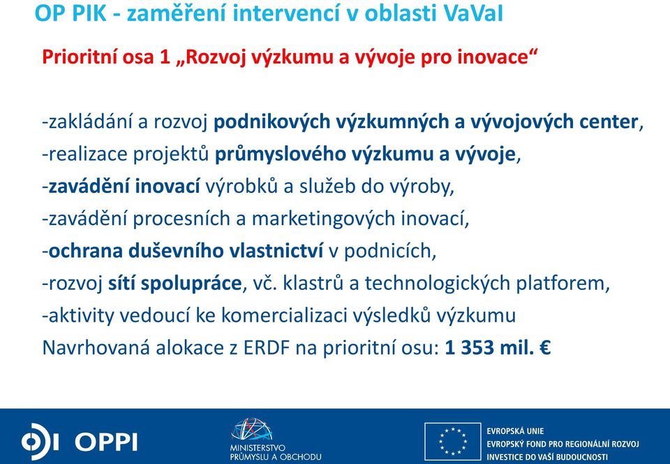 -zavádění procesních a marketingových inovací, -ochrana duševního vlastnictví v podnicích, -rozvoj sítí spolupráce, vč.