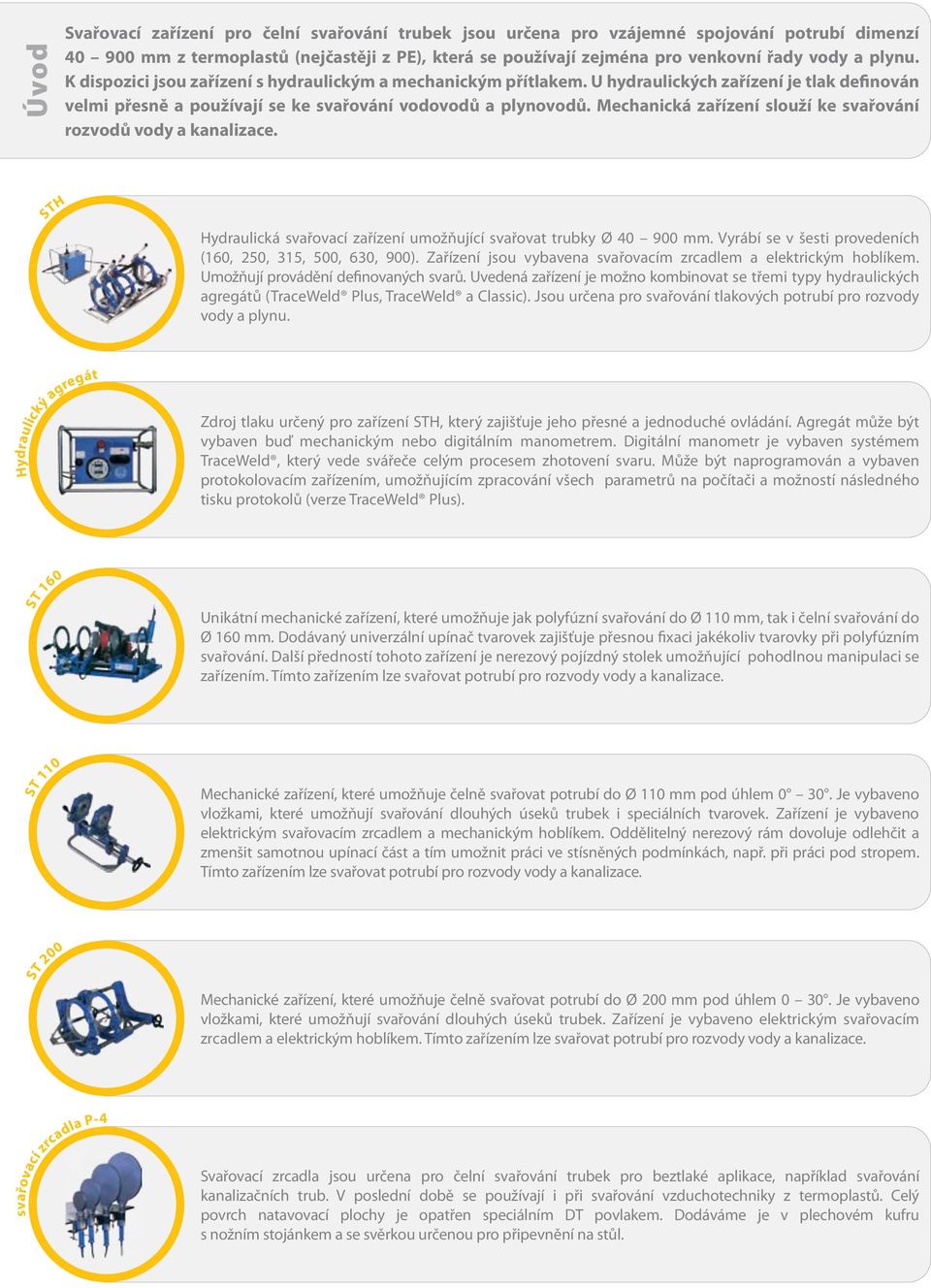 Mechanická zařízení slouží ke svařování rozvodů vody a kanalizace. STH Hydraulická svařovací zařízení umožňující svařovat trubky Ø 40 900 mm.