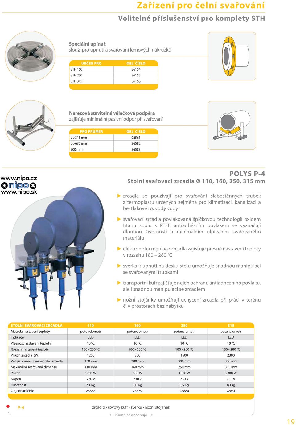 ČÍSLO do 315 mm 02561 do 630 mm 36582 900 mm 36583 POLYS P-4 Stolní svařovací zrcadla Ø 110, 160, 250, 315 mm zrcadla se používají pro svařování slabostěnných trubek z termoplastu určených zejména