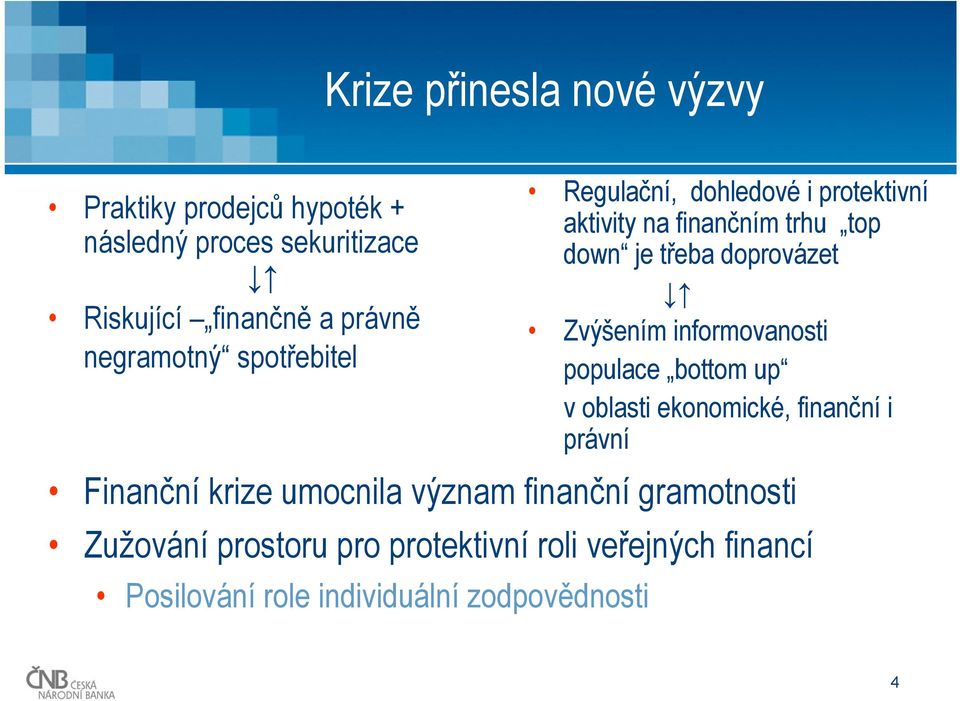 Zvýšením informovanosti populace bottom up v oblasti ekonomické, finanční i právní Finanční krize umocnila význam