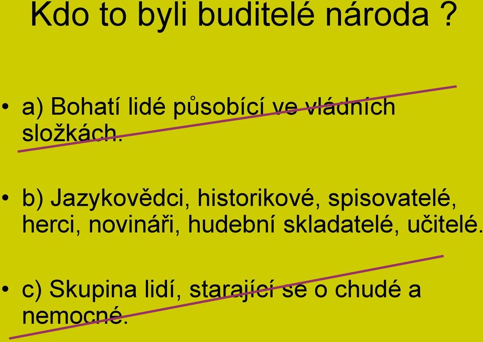 b) Jazykovědci, historikové, spisovatelé, herci,