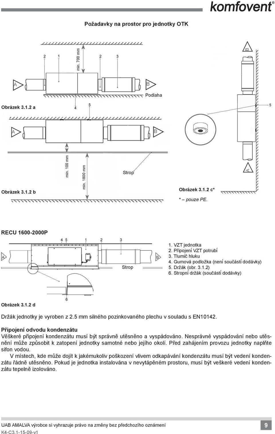 Stropní držák (součástí dodávky) Obrázek 3.1.2 d 6 Držák jednotky je vyroben z 2.5 mm silného pozinkovaného plechu v souladu s EN10142.