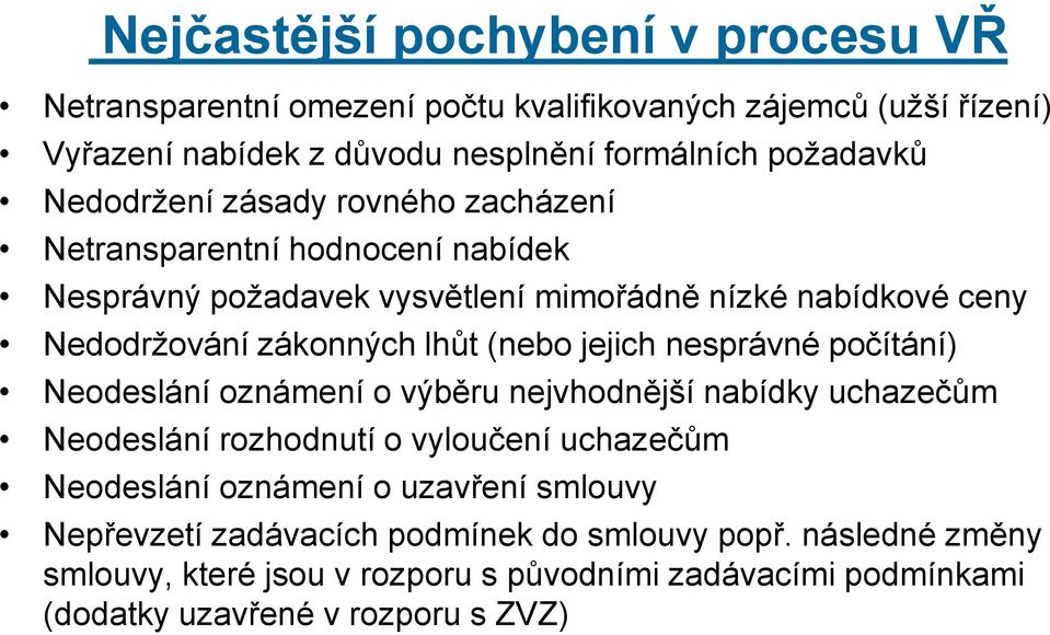 (nebo jejich nesprávné počítání) Neodeslání oznámení o výběru nejvhodnější nabídky uchazečům Neodeslání rozhodnutí o vyloučení uchazečům Neodeslání oznámení o