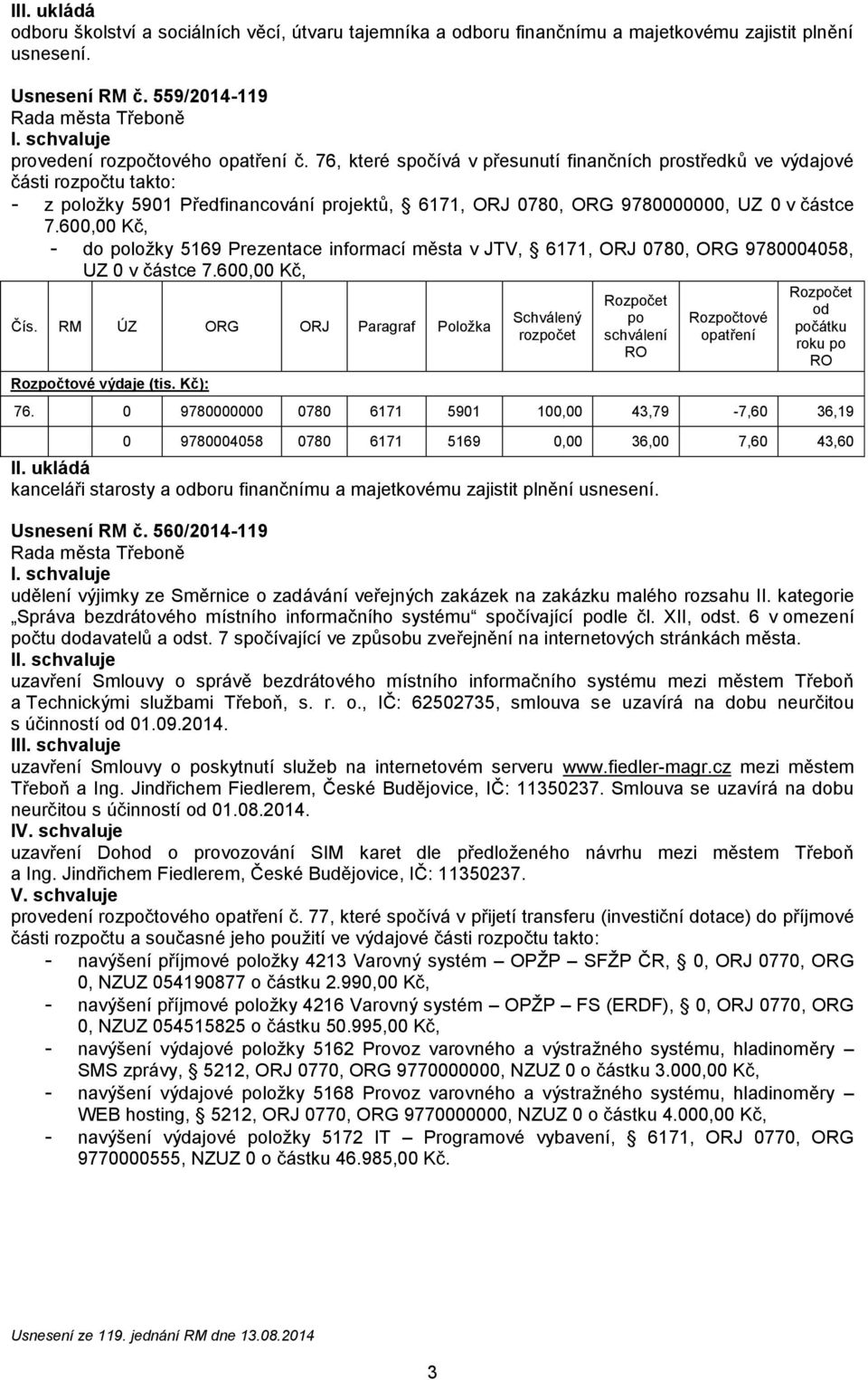 600,00 Kč, - do položky 5169 Prezentace informací města v JTV, 6171, ORJ 0780, ORG 9780004058, UZ 0 v částce 7.600,00 Kč, Čís. RM ÚZ ORG ORJ Paragraf Položka Rozpočtové výdaje (tis.