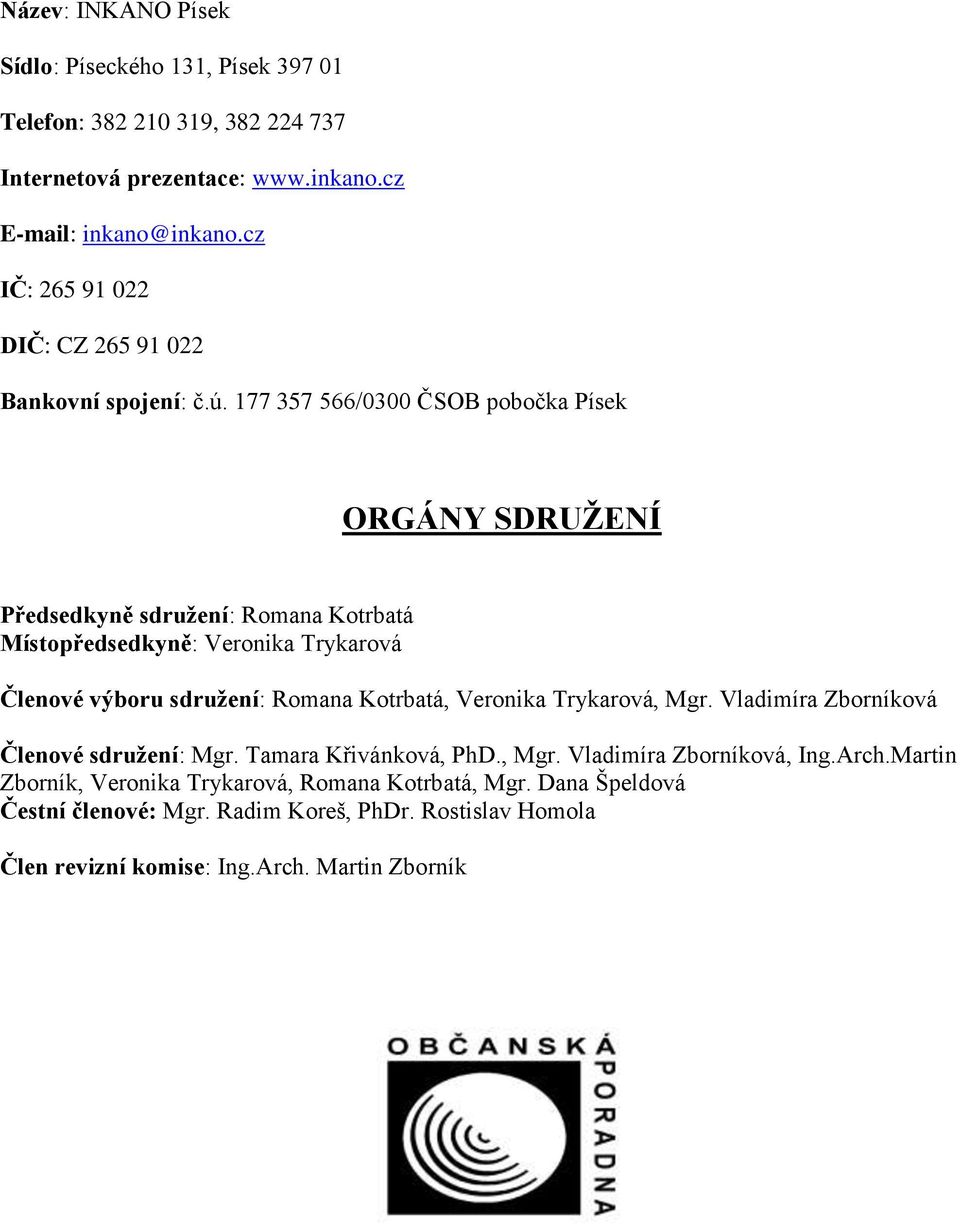 177 357 566/0300 ČSOB pobočka Písek ORGÁNY SDRUŽENÍ Předsedkyně sdružení: Romana Kotrbatá Místopředsedkyně: Veronika Trykarová Členové výboru sdružení: Romana Kotrbatá,