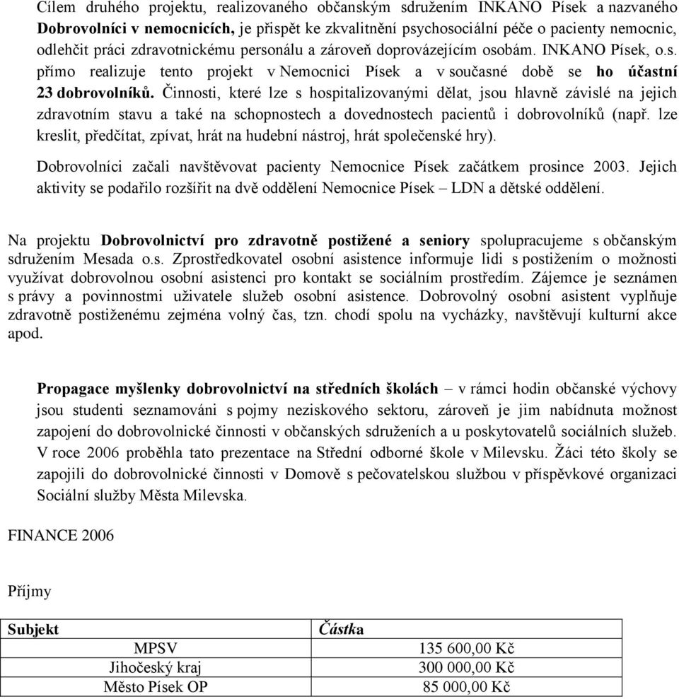 Činnosti, které lze s hospitalizovanými dělat, jsou hlavně závislé na jejich zdravotním stavu a také na schopnostech a dovednostech pacientů i dobrovolníků (např.