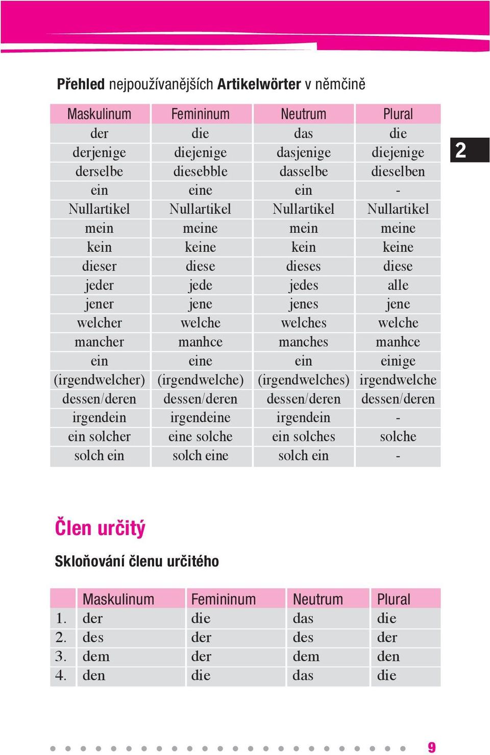 dasselbe ein Nullartikel mein kein dieses jedes jenes welches manches ein (irgendwelches) dessen/deren irgendein ein solches solch ein Plural die diejenige dieselben - Nullartikel meine keine diese