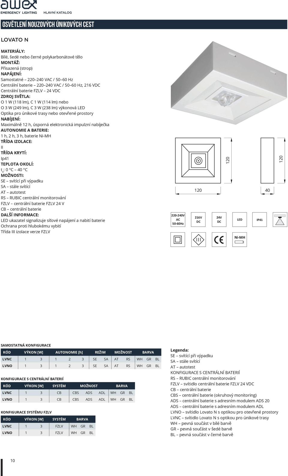 nabíječka 1 h, 2 h, 3 h, baterie Ni-MH TŘÍDA IZOLE: II Ip41 : 0 C 40 C RS RUBIC centrální monitorování FZLV centrální baterie FZLV 24 V DALŠÍ INFORME: Třída III izolace verze FZLV 220-240V 216V 24V