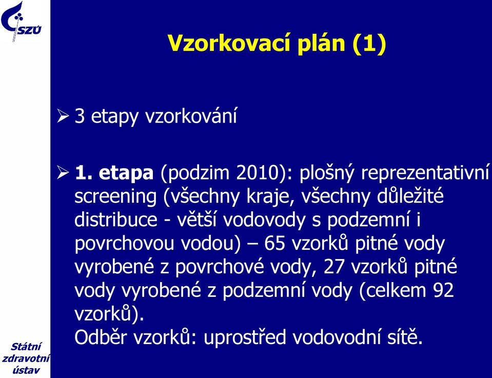 důležité distribuce - větší vodovody s podzemní i povrchovou vodou) 65 vzorků pitné