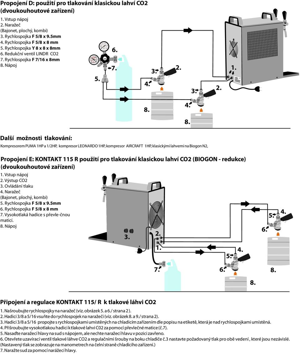 kompresor AIRCRAFT 1HP, klasickými lahvemi na Biogon N2, Propojení E: KONTAKT 115 R použití pro tlakování klasickou lahví CO2 (BIOGON - redukce) (dvoukouhoutové zaøízení) Výstup CO2 Ovládání tlaku